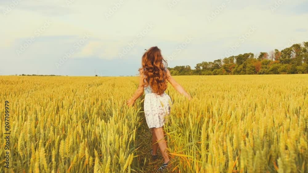 Beauty Girl Running on Yellow Wheat Field Beauty Girl Running on Yellow Wheat Field