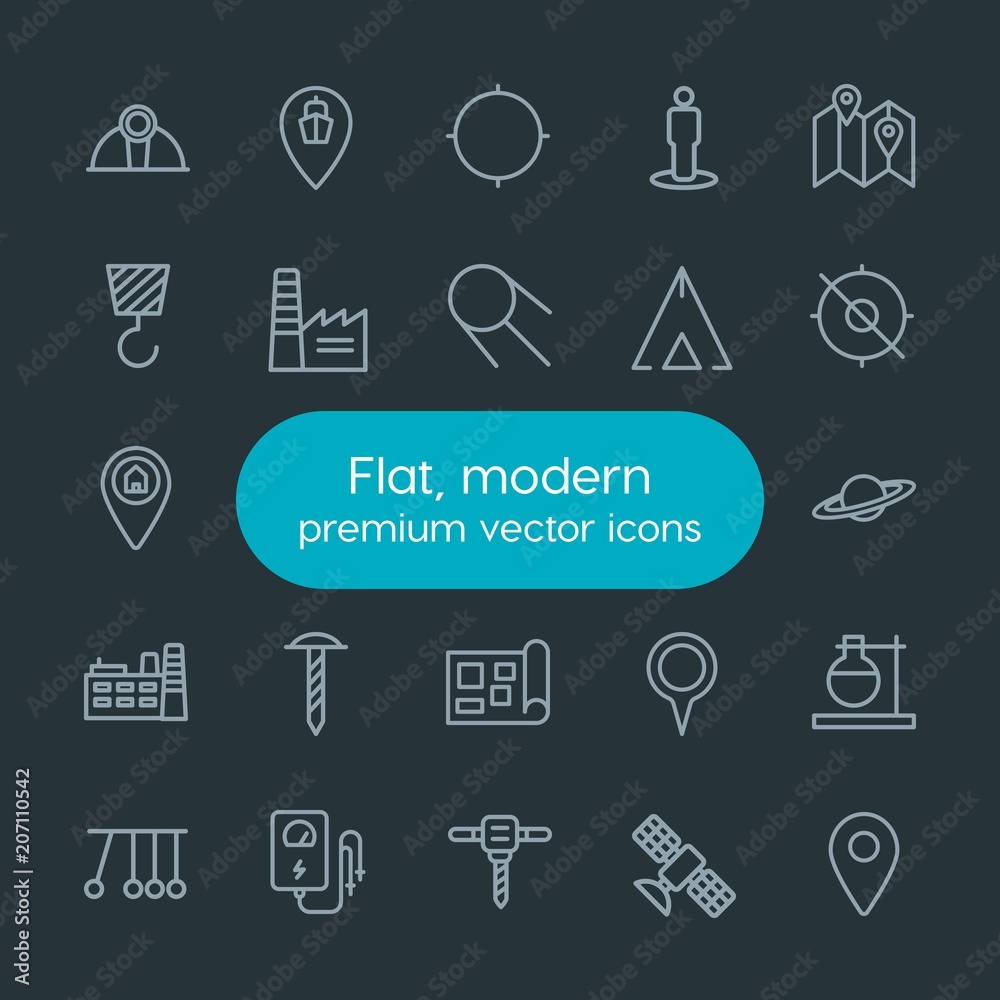 Modern Simple Set of industry, science, location Vector outline Icons. Contains such Icons as  equipment,  physics,  repair,  space,  pin and more on dark background. Fully Editable. Pixel Perfect.