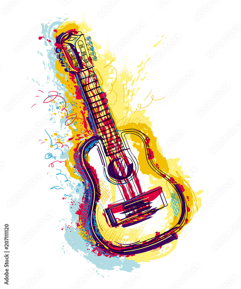 Guitar with grunge watercolor splashes. Isolated object on white background. Design concept for card, t-shirt, invitation, print, poster, tattoo. Vector illustration - obrazy, fototapety, plakaty 