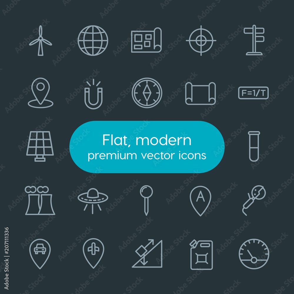 Modern Simple Set of industry, science, location Vector outline Icons. Contains such Icons as  pin,  sign,  electricity,  globus,  chemical and more on dark background. Fully Editable. Pixel Perfect.