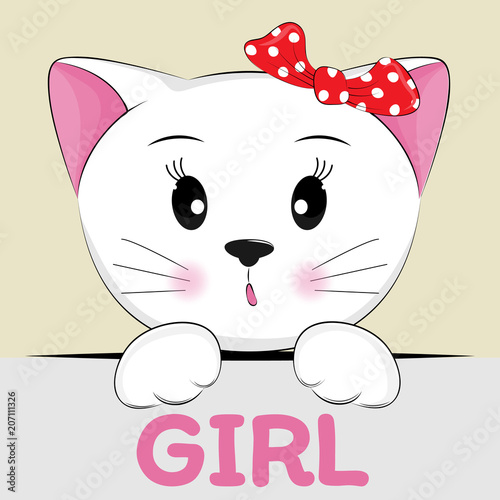 Portrait cute cartoon kitty with a red bow.