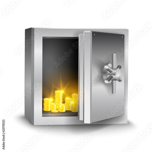 Vector realistic metallic open safe with shining gold coins isolated on white background