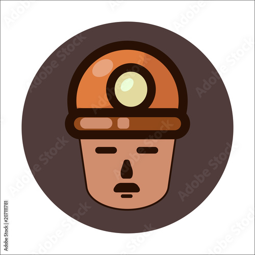 Vector illustration of a miner's face in a helmet with a lamp on a dark background. Flat icon