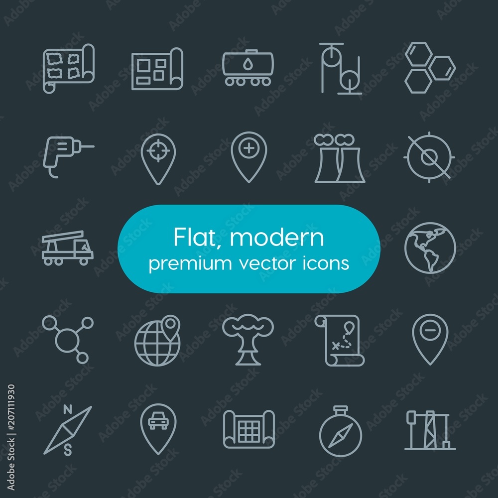 Modern Simple Set of industry, science, location Vector outline Icons. Contains such Icons as equipment, location, road, molecule, point and more on dark background. Fully Editable. Pixel Perfect. Modern Simple Set of industry, science, location Vector outline Icons. Contains such Icons as equipment, location, road, molecule, point and more on dark background. Fully Editable. Pixel Perfect.
