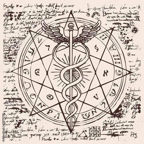 Vector banner with a hand drawn illustration of a Caduceus with an octagonal star. The staff of Hermes with two snakes with wings against the background of an old illegible manuscript. Medical symbol