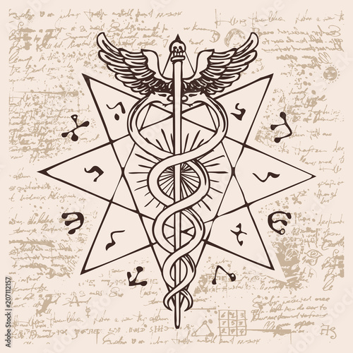 Vector banner with a hand drawn illustration of a Caduceus with an octagonal star. The staff of Hermes with two snakes with wings against the background of an old illegible manuscript. Medical symbol