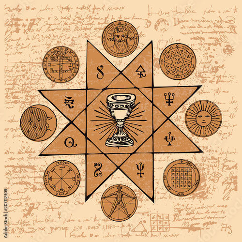 Vector banner on the theme of mysticism, magic, religion and the occultism. Hand drawn illustration of a Grail and other esoteric and masonic symbols on the background of an old illegible manuscript