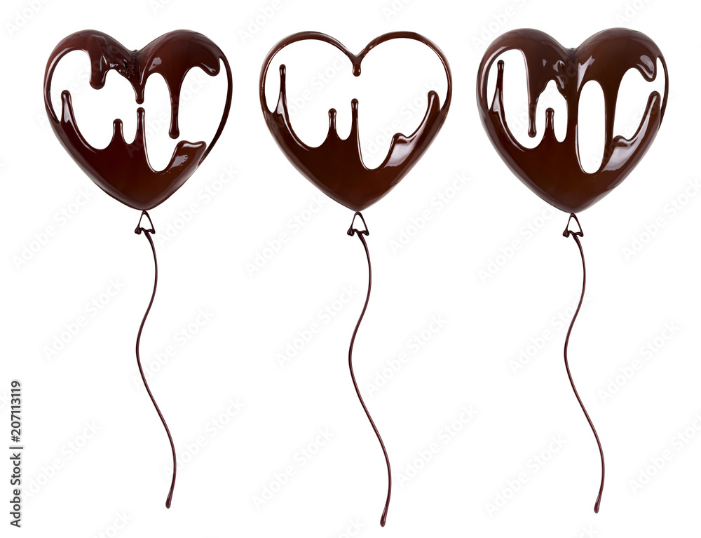 Balloons are made of chocolate. Chocolate in the shape of a balloon. Melted chocolate syrup on white background. Liquid chocolate on a white background.