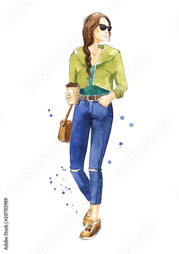 Casual street look, watercolor fashion illustration
