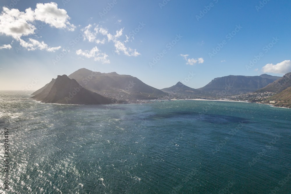 Looking across the ocean to Hout Bay, along the Cape Peninsula near Cape Town
