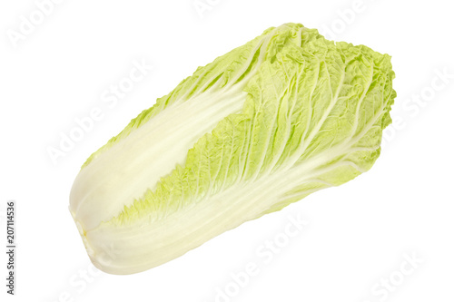 Napa cabbage, Chinese cabbage from above. Also nappa or wombok. Raw, fresh, uncooked and green vegetable. Brassica rapa Perkinensis Group. Macro food photo close up, isolated, on white background.
