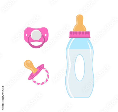 Vector illustration. Baby bottle with pacifier.