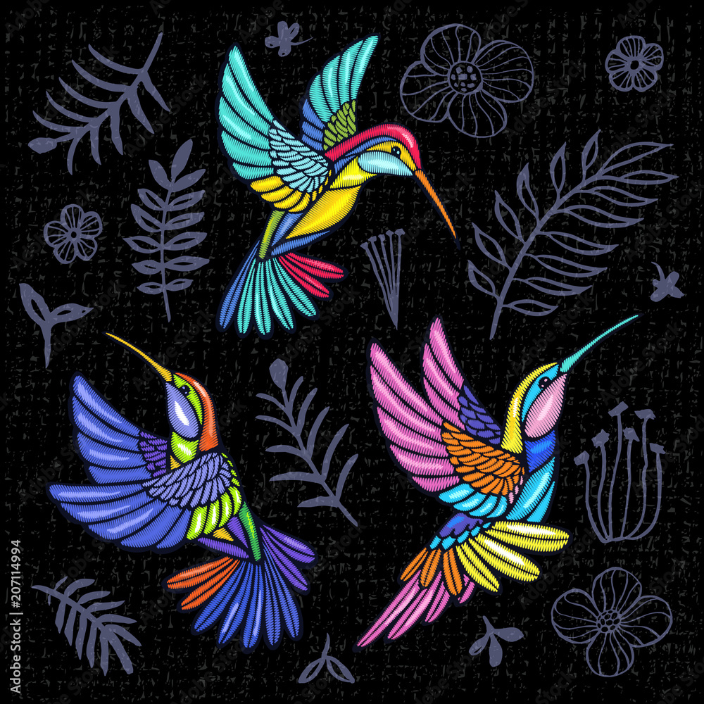 Embroidery patch palm tree leaves, flowers, birds, tropical art. Fashion tropical summer template.