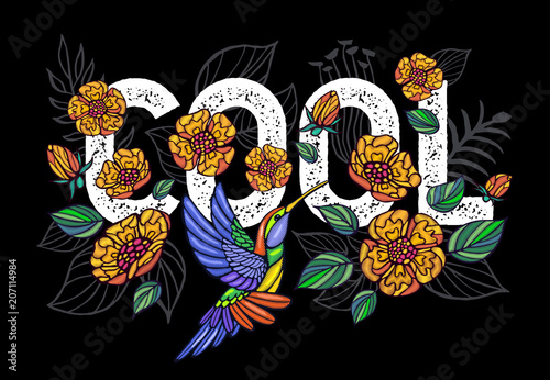 Embroidery palm tree leaves, flowers, birds, tropical art patch. Fashion tropical summer template.