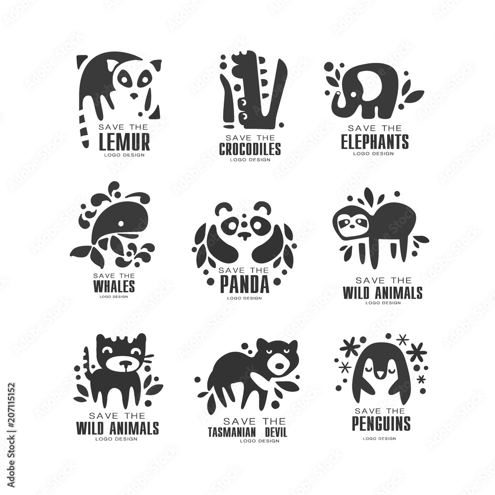 Save wild animal logo design set, protection of african animals black and  white sign vector Illustrations on a white background Stock Vector | Adobe  Stock