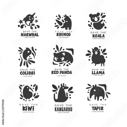 Save wild animal logo design set, protection of narwhal, rhinos, koala, colibri, panala, lama, kangaroo, tapir, kiwi, black and white sign vector Illustrations on a white background