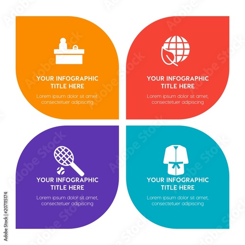 Flat food, hotel, sports, nature infographic timeline template with floral shape for presentations, advertising, annual reports