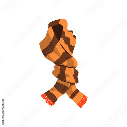Twisted striped scarf in brown color with orange fringe on the ends. Winter accessory for women and men. Flat vector design
