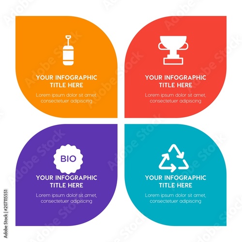 Flat food, hotel, sports, nature infographic timeline template with floral shape for presentations, advertising, annual reports