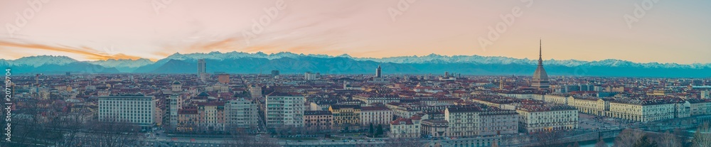 View of Turin city center with landmark of Mole Antonelliana-Turin,Italy,Europe. Panoramic wide view