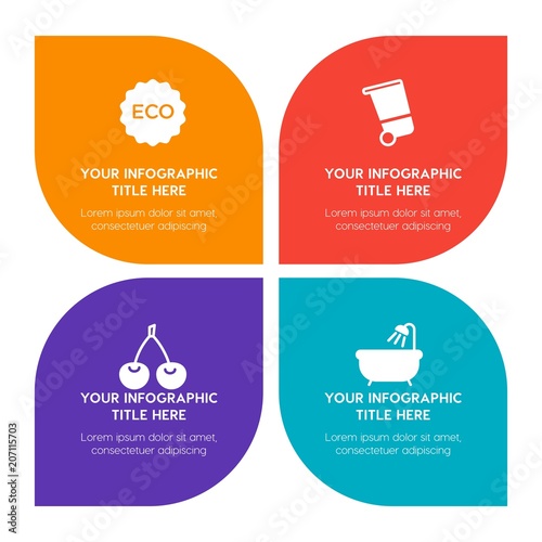 Flat food, hotel, sports, nature infographic timeline template with floral shape for presentations, advertising, annual reports