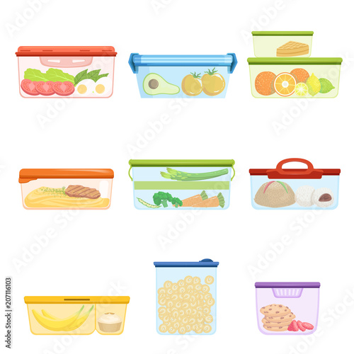 Flat vector set of plastic containers with food vegetables, fruits, sweets, macaroni. Dessert for lunch. Mashed potatoes with pork chop