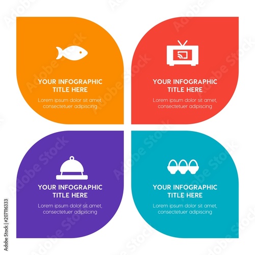 Flat food, hotel, sports, nature infographic timeline template with floral shape for presentations, advertising, annual reports