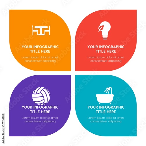 Flat food, hotel, sports, nature infographic timeline template with floral shape for presentations, advertising, annual reports
