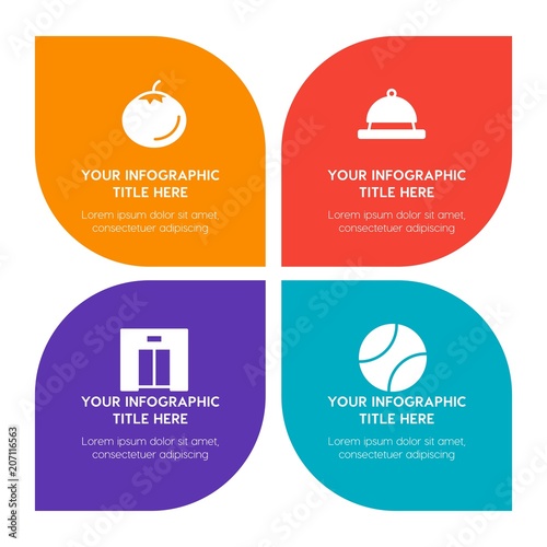 Flat food, hotel, sports, nature infographic timeline template with floral shape for presentations, advertising, annual reports