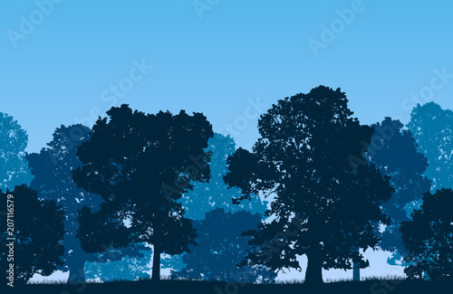 Seamless blue vector forest landscape with deciduous trees and grassy land.