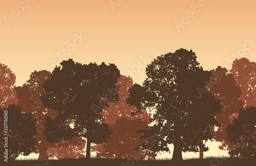 Seamless brown vector forest landscape with deciduous trees and grassy land.