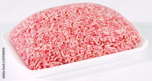 fresh raw mince beef meat on white tray isolated over white background