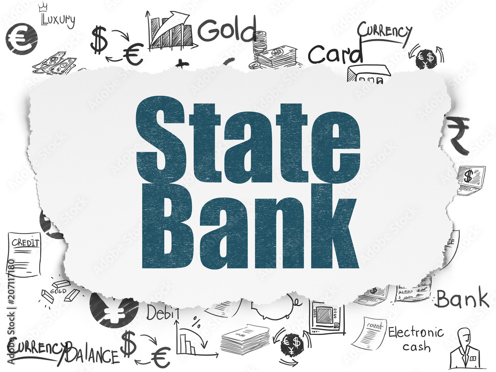 Obraz premium Money concept: Painted blue text State Bank on Torn Paper background with Hand Drawn Finance Icons