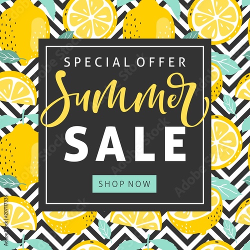 Summer sale background with lemons and hand written text. Vector illustration.