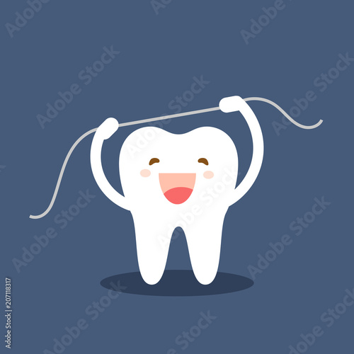 Happy tooth icon. Cute tooth characters. Brushing teeth flossing. Dental personage vector illustration. Oral hygiene, teeth cleaning. Flat illustration on the theme of dentistry. Isolated vector.