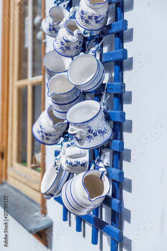German blue and white ceramics. Handmade pottery. Kraemerbruecke bridge, Erfurt, Germany photo
