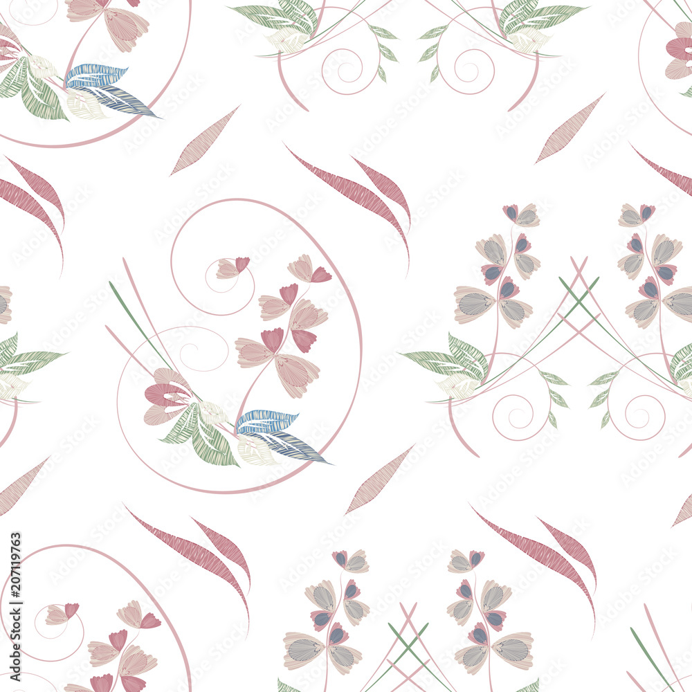 Vector seamless floral pattern overprinted pastel abstract flowers on white background