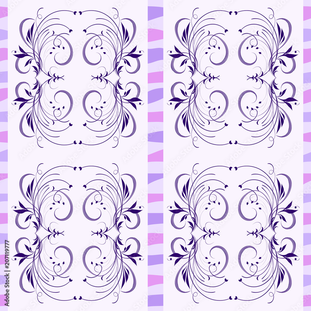 Vector floral seamless floral pattern with curls, leaves and lines of vertical wallpaper orientation Bright background with violet tone