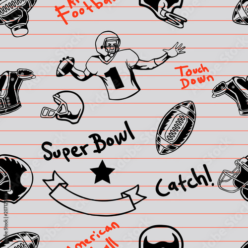 American Football Seamless Marker Doodle Pattern On Paper