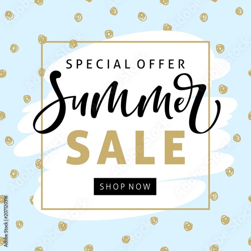 Summer sale banner template with modern brush calligraphy for online shopping, vector illustration.