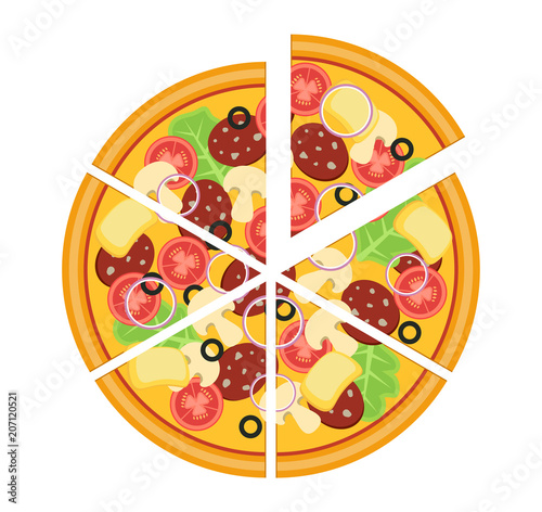 Vector illustration. Fresh tasty pizza cut into slices.