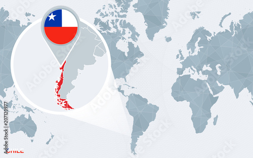 World map centered on America with magnified Chile.