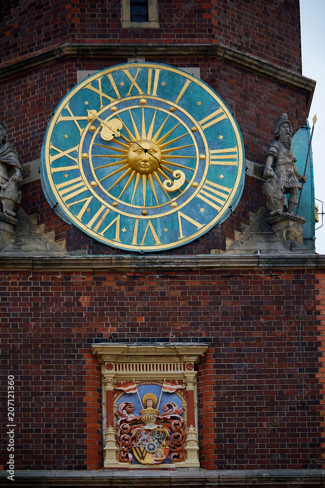 Astronomical clock on old city hall tower in Wroclaw, Poland