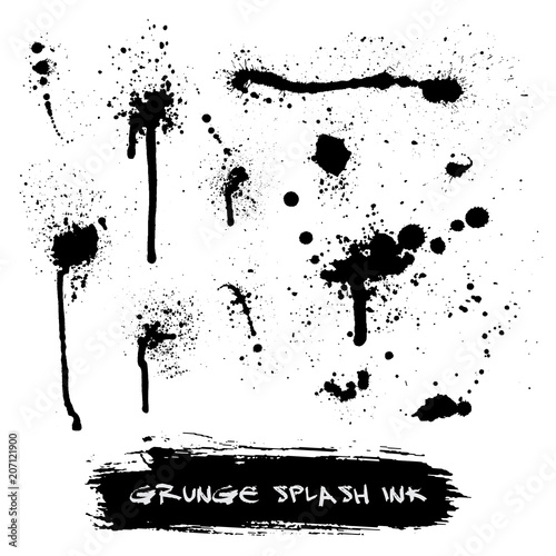 Vector set of ink splashes blots splatter collection grunge design element and art messy backdrop color dirty liquid shape spatter black white silhouette illustration