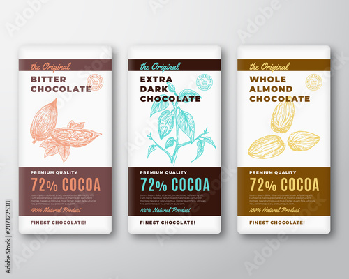 The Original Finest Chocolate Abstract Vector Packaging Design Label. Modern Typography and Hand Drawn Cocoa Branch with Leaves and Bean and Almond Nuts Sketch Silhouette Background Layout.