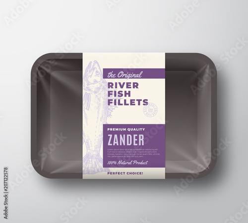 The Original Fish Fillets Abstract Vector Packaging Design Label on Plastic Tray with Cellophane Cover. Modern Typography and Hand Drawn Zander Pikeperch Silhouette Background Layout.