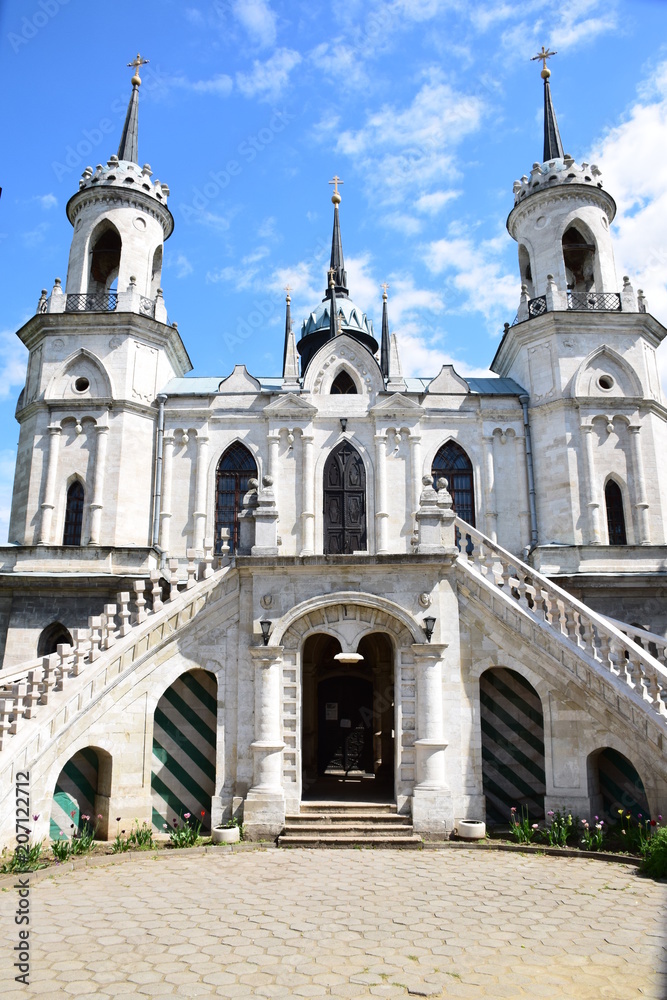 Fototapeta premium Vladimir Church was built in 1789 by the famous Russian architect Vasily Bazhenov in the pseudo-Gothic style on the territory of the manor of princes Dashkov. Russia, Moscow region, May 2018.