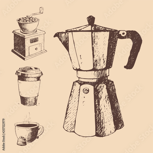 Coffee production hand drawn beans vintage drawing drink retro cafe collectio...