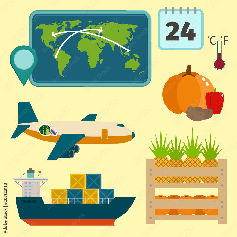 Fototapeta premium Vector worldwide shipping heavy delivery ways and logistics in business warehouse illustration