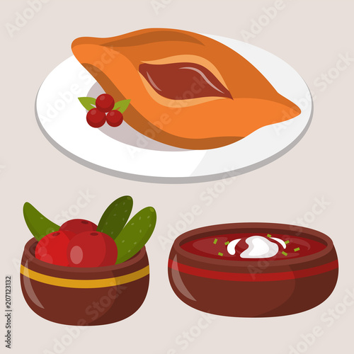 Traditional Russian cuisine culture dish course food welcome to Russia gourmet national meal vector illustration